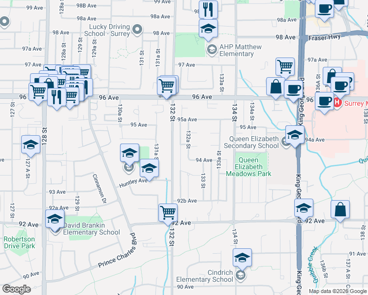 map of restaurants, bars, coffee shops, grocery stores, and more near 9441 132A Street in Surrey