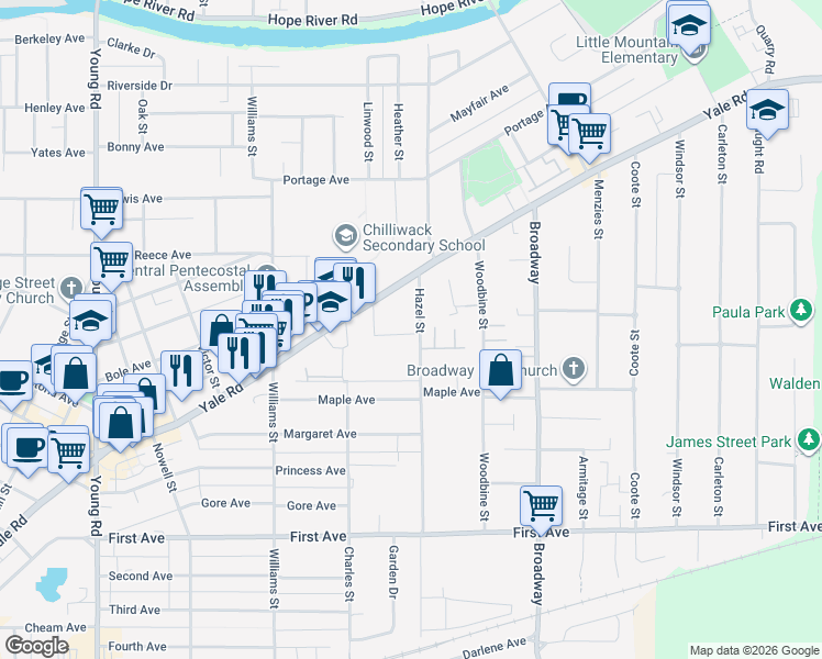 map of restaurants, bars, coffee shops, grocery stores, and more near 9473 Hazel Street in Chilliwack