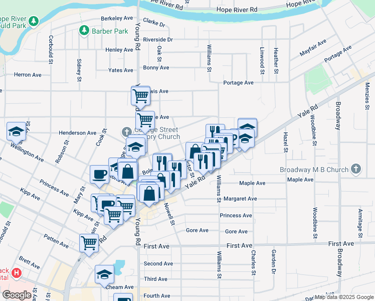 map of restaurants, bars, coffee shops, grocery stores, and more near 9474 Victor Street in Chilliwack
