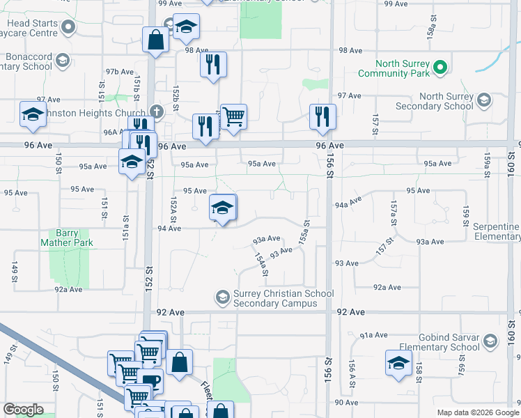 map of restaurants, bars, coffee shops, grocery stores, and more near 9424 154A Street in Surrey