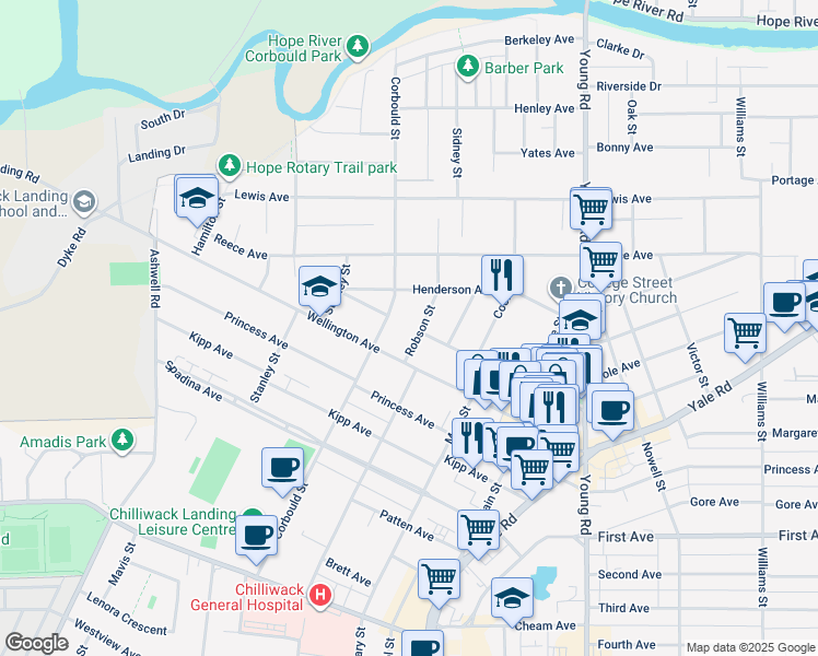 map of restaurants, bars, coffee shops, grocery stores, and more near 9485 Robson Street in Chilliwack