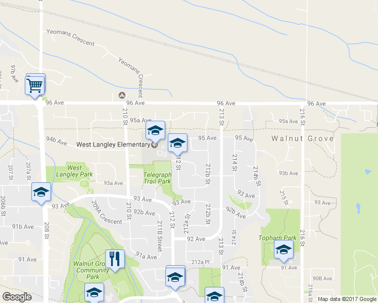 map of restaurants, bars, coffee shops, grocery stores, and more near 21226 94B Avenue in Langley