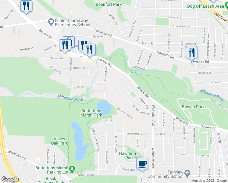 map of restaurants, bars, coffee shops, grocery stores, and more near 263 Garner Crescent in Nanaimo