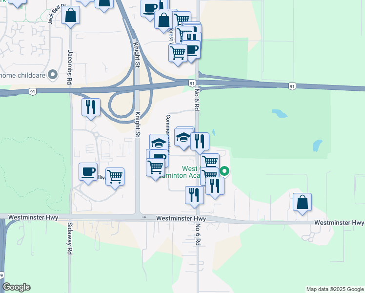 map of restaurants, bars, coffee shops, grocery stores, and more near 13711 International Place in Richmond