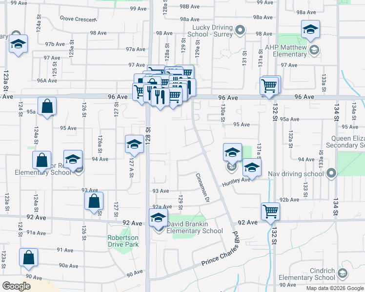 map of restaurants, bars, coffee shops, grocery stores, and more near 9463 Prince Charles Boulevard in Surrey