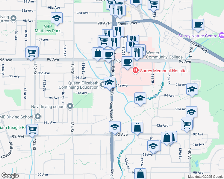 map of restaurants, bars, coffee shops, grocery stores, and more near 9402 State Highway 99 Alternate in Surrey