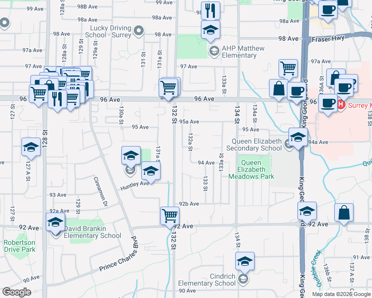 map of restaurants, bars, coffee shops, grocery stores, and more near 9443 132A Street in Surrey