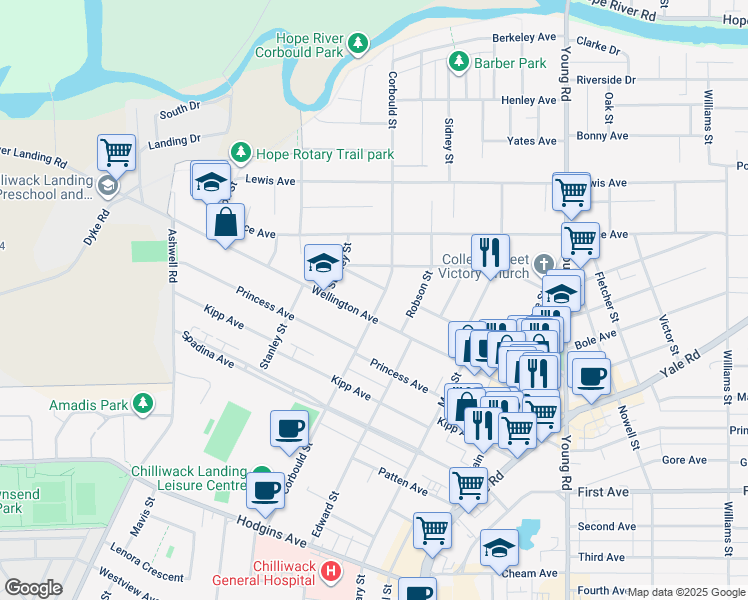 map of restaurants, bars, coffee shops, grocery stores, and more near 9483 Corbould Street in Chilliwack