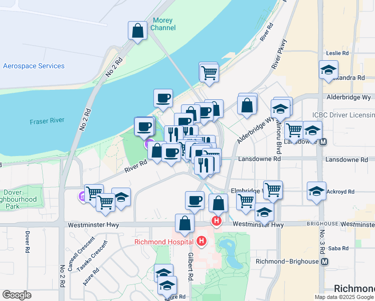 map of restaurants, bars, coffee shops, grocery stores, and more near 5508 Hollybridge Way in Richmond