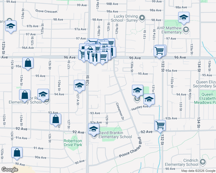 map of restaurants, bars, coffee shops, grocery stores, and more near 9463 Prince Charles Boulevard in Surrey