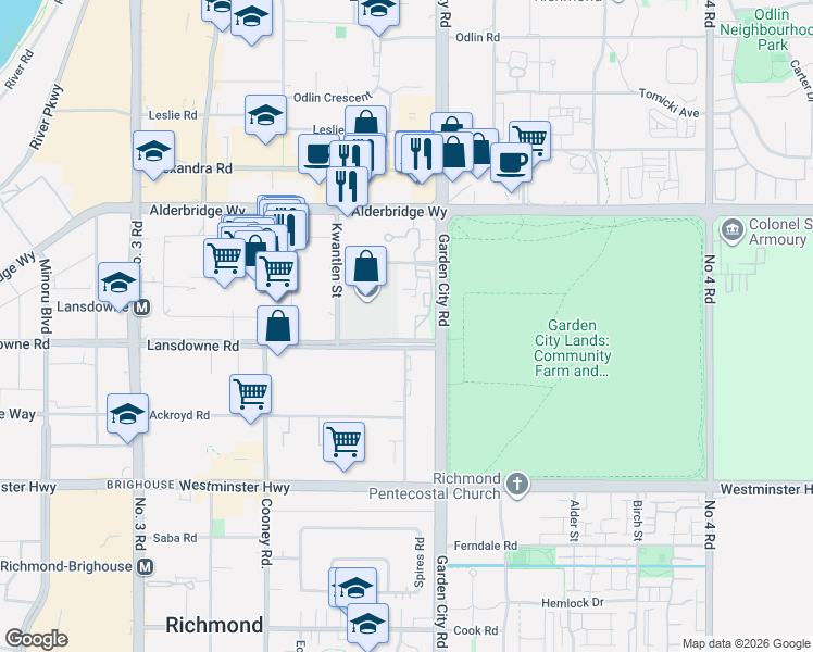 map of restaurants, bars, coffee shops, grocery stores, and more near 8811 Lansdowne Road in Richmond