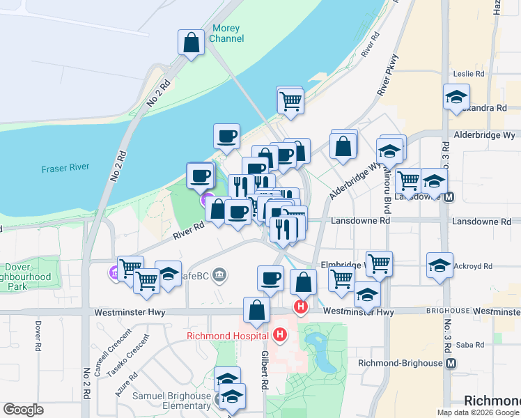 map of restaurants, bars, coffee shops, grocery stores, and more near 5508 Hollybridge Way in Richmond