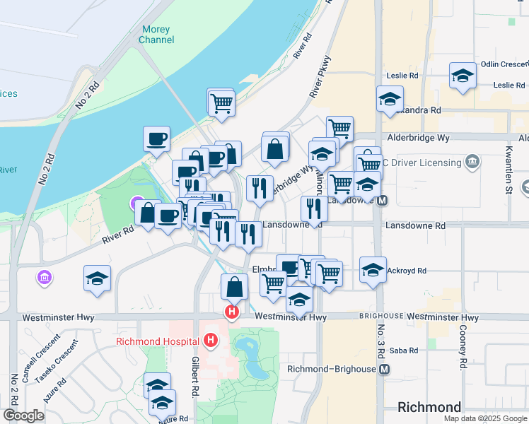 map of restaurants, bars, coffee shops, grocery stores, and more near 7688 Alderbridge Way in Richmond
