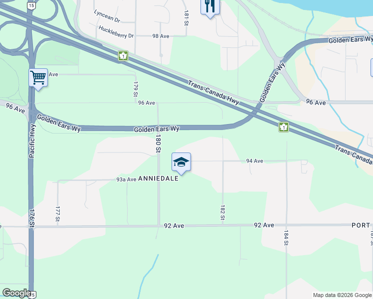 map of restaurants, bars, coffee shops, grocery stores, and more near 18089 94 Avenue in Surrey