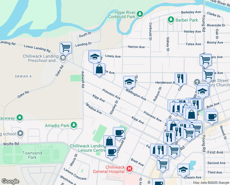 map of restaurants, bars, coffee shops, grocery stores, and more near 45491 Princess Avenue in Chilliwack