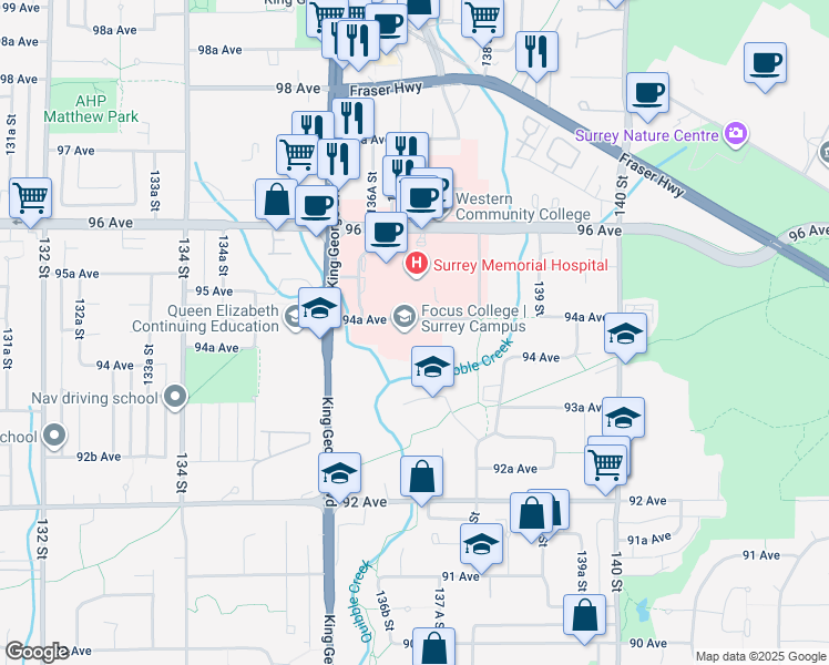 map of restaurants, bars, coffee shops, grocery stores, and more near 13730 94A Avenue in Surrey
