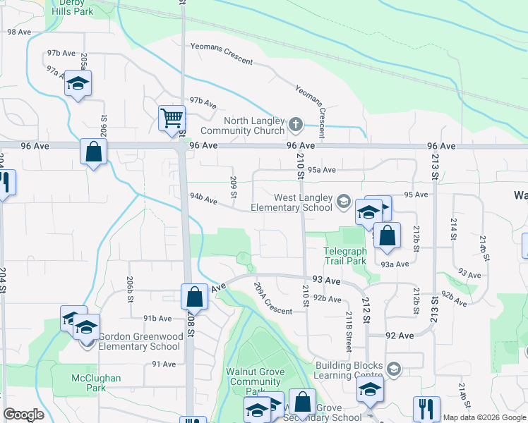map of restaurants, bars, coffee shops, grocery stores, and more near 20940 94B Avenue in Langley City