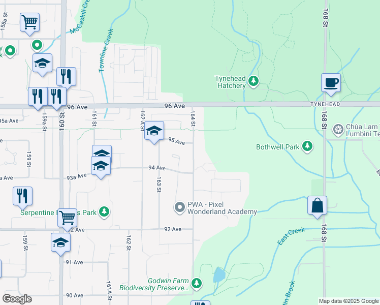 map of restaurants, bars, coffee shops, grocery stores, and more near 9465 164 Street in Surrey