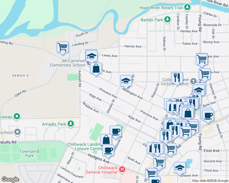 map of restaurants, bars, coffee shops, grocery stores, and more near 9475 Stanley Street in Chilliwack