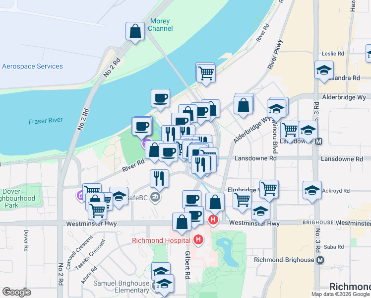 map of restaurants, bars, coffee shops, grocery stores, and more near 5508 Hollybridge Way in Richmond
