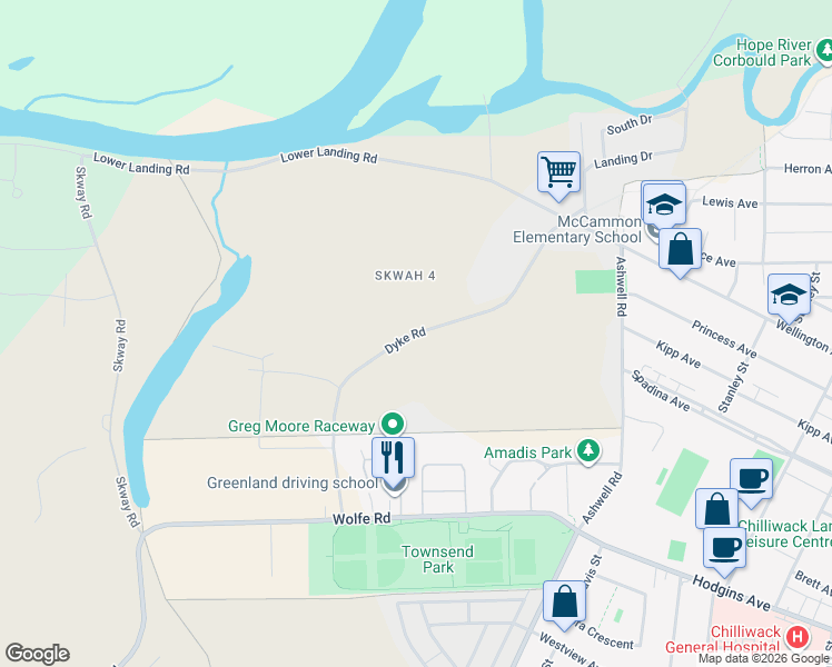 map of restaurants, bars, coffee shops, grocery stores, and more near Dyke Road in Chilliwack