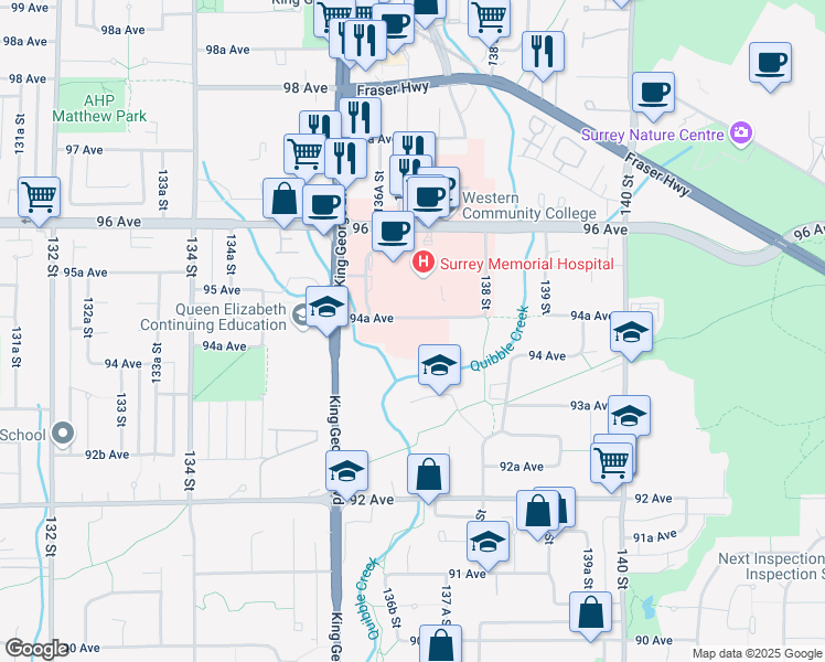 map of restaurants, bars, coffee shops, grocery stores, and more near 13730 94A Avenue in Surrey