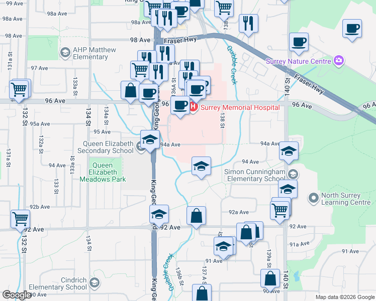 map of restaurants, bars, coffee shops, grocery stores, and more near 13710 94A Avenue in Surrey