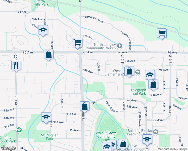 map of restaurants, bars, coffee shops, grocery stores, and more near 20886 94B Avenue in Langley Township
