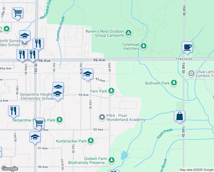 map of restaurants, bars, coffee shops, grocery stores, and more near 9465 164 Street in Surrey