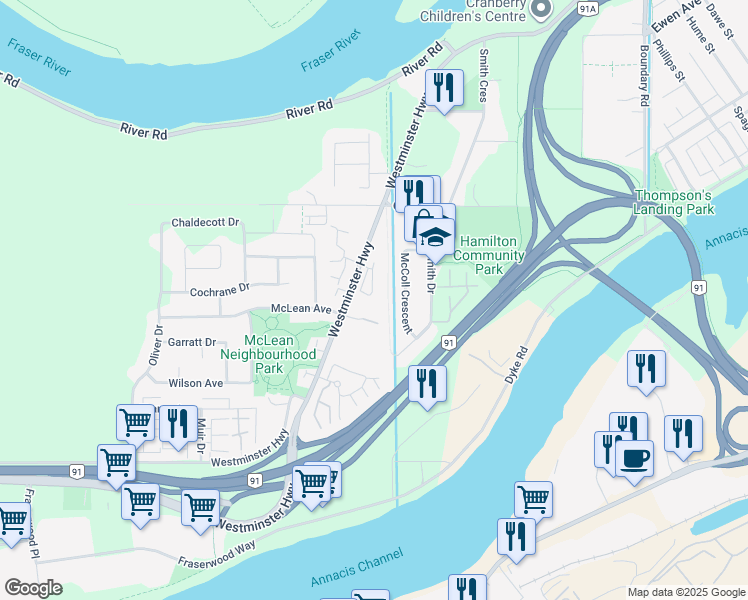 map of restaurants, bars, coffee shops, grocery stores, and more near 22788 Westminster Highway in Richmond