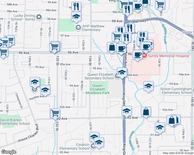 map of restaurants, bars, coffee shops, grocery stores, and more near in Surrey