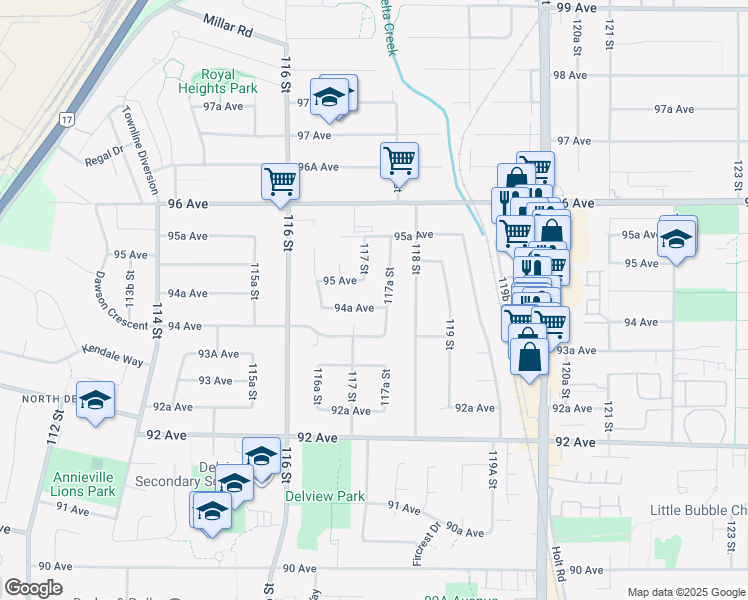 map of restaurants, bars, coffee shops, grocery stores, and more near 11735 94A Avenue in Delta