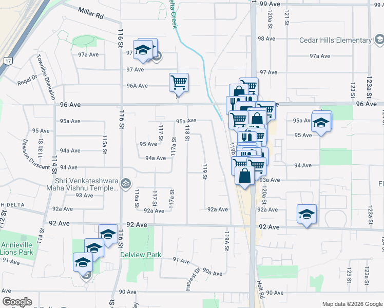 map of restaurants, bars, coffee shops, grocery stores, and more near 9452 118 Street in Delta