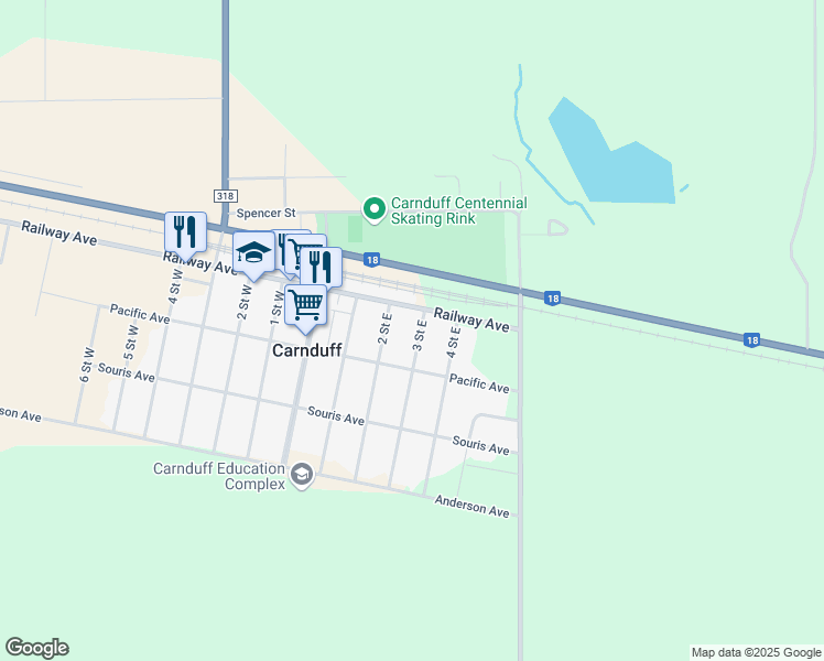 map of restaurants, bars, coffee shops, grocery stores, and more near 108 3 Street East in Carnduff