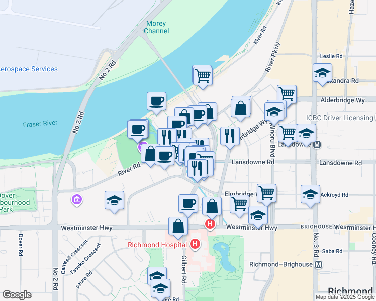 map of restaurants, bars, coffee shops, grocery stores, and more near 6968 Pearson Way in Richmond
