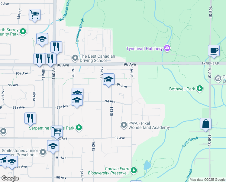 map of restaurants, bars, coffee shops, grocery stores, and more near 9466 163 Street in Surrey