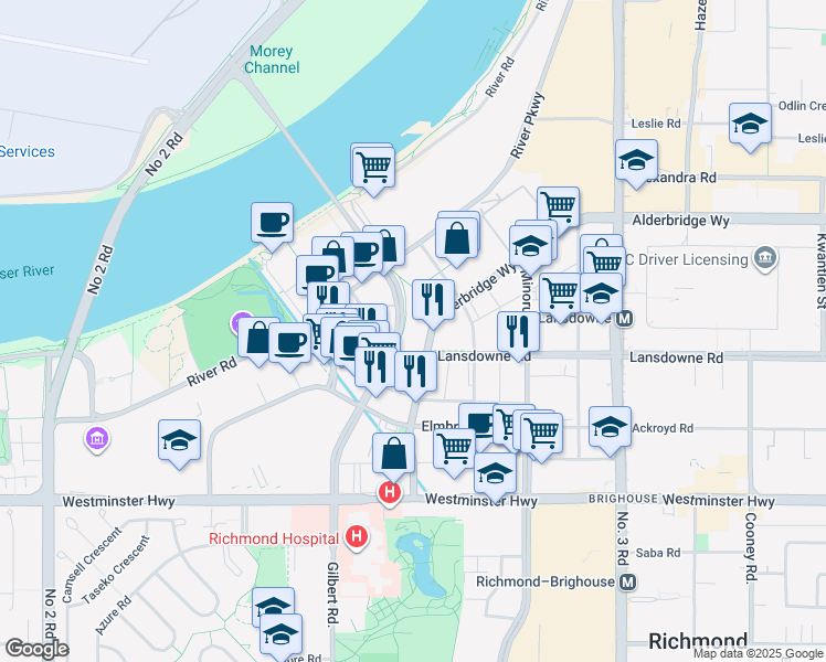 map of restaurants, bars, coffee shops, grocery stores, and more near in Richmond