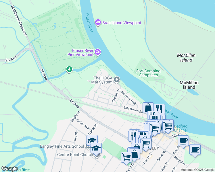 map of restaurants, bars, coffee shops, grocery stores, and more near 9445 Kanaka Street in Langley Township