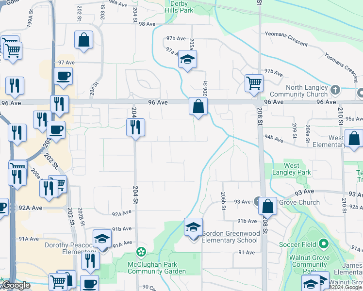 map of restaurants, bars, coffee shops, grocery stores, and more near 20554 94B Avenue in Langley Township