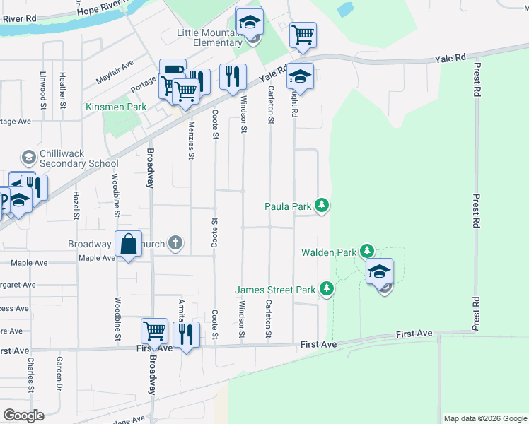 map of restaurants, bars, coffee shops, grocery stores, and more near 9485 Carleton Street in Chilliwack