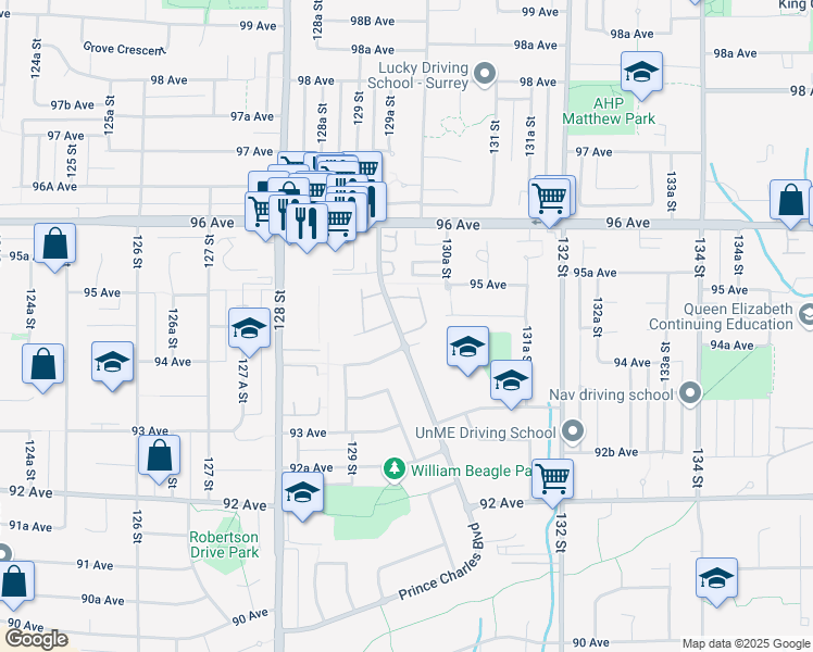 map of restaurants, bars, coffee shops, grocery stores, and more near 9452 Prince Charles Boulevard in Surrey