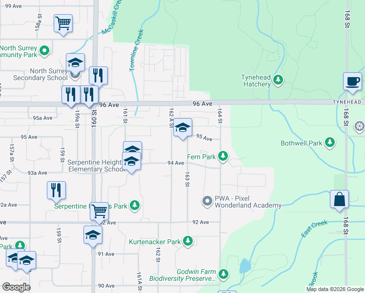 map of restaurants, bars, coffee shops, grocery stores, and more near 9467 163 Street in Surrey