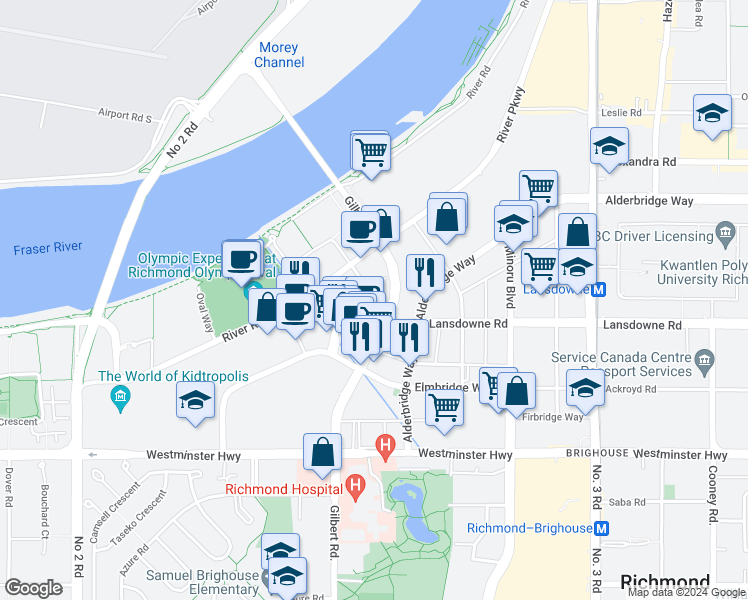 map of restaurants, bars, coffee shops, grocery stores, and more near 5540 Hollybridge Way in Richmond