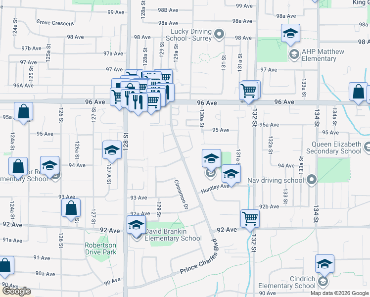 map of restaurants, bars, coffee shops, grocery stores, and more near 9452 Prince Charles Boulevard in Surrey