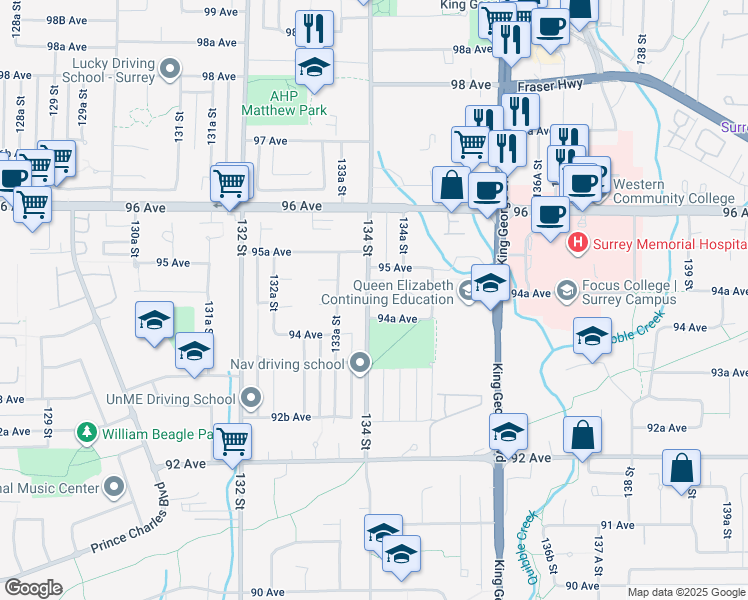 map of restaurants, bars, coffee shops, grocery stores, and more near 9456 134 Street in Surrey