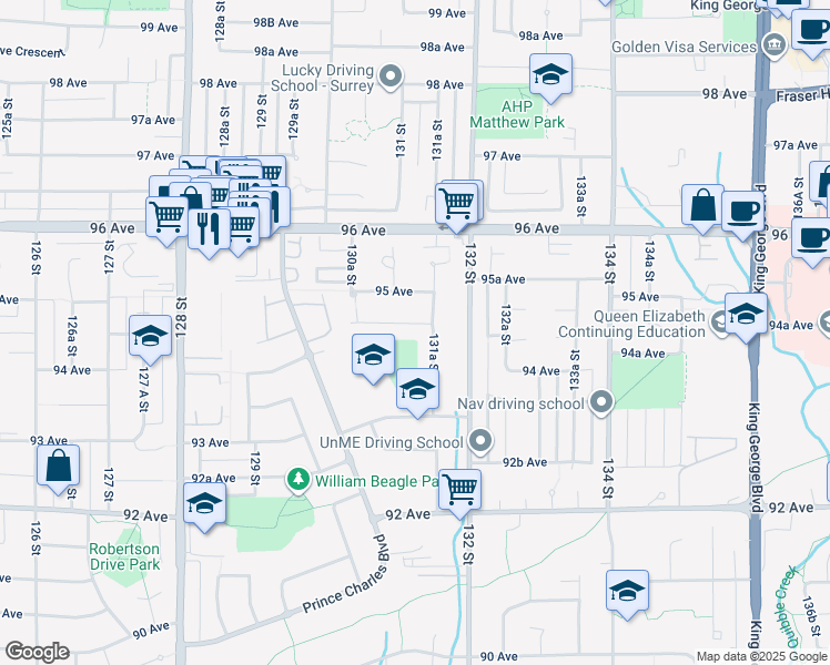 map of restaurants, bars, coffee shops, grocery stores, and more near 13124 Balloch Drive in Surrey