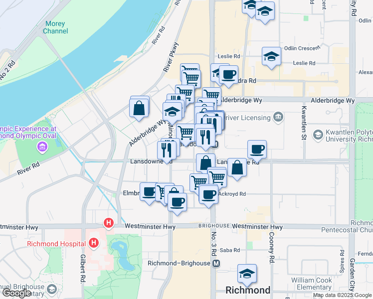 map of restaurants, bars, coffee shops, grocery stores, and more near 5560 Minoru Boulevard in Richmond