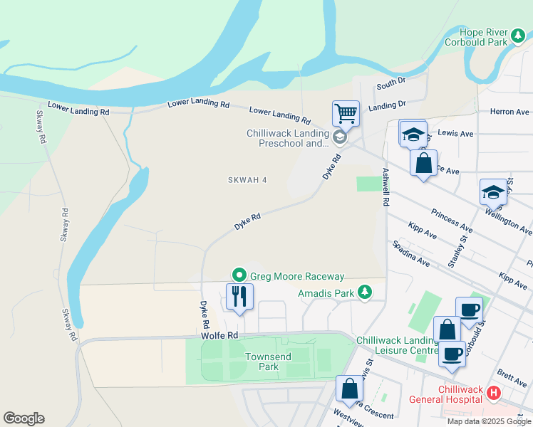 map of restaurants, bars, coffee shops, grocery stores, and more near Dyke Road in Chilliwack