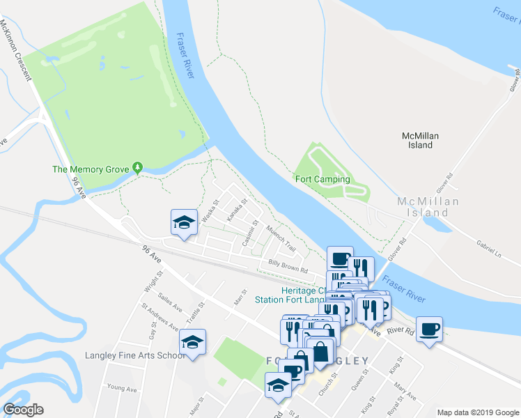 map of restaurants, bars, coffee shops, grocery stores, and more near 23066 Bedford Trail in Langley