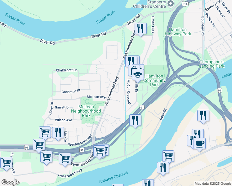 map of restaurants, bars, coffee shops, grocery stores, and more near 22788 Westminster Highway in Richmond